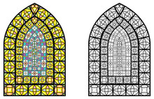 Church Stained Glass Windows, Vector Illustration In Color And Line Drawing.