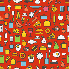 Poster - Kitchen tools and meal silhouette icons. Seamless pattern