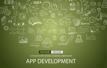 App Development Concept Background with Doodle design style :user interfaces,