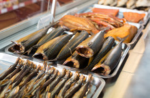 Cured Mackerel And Other Fish In Supermarket