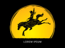 Cowboy On Bucking Horse Jumping, Design Using Grunge Brush On Moonlight Background Graphic Vector.
