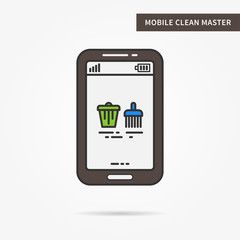 Fototapete - Linear mobile cleanup master. Flat phone online clearing (clear, cleaning, broom) app. Mobile web clear up technology symbol. Creative mobile clean master  graphic design. Vector illustration.