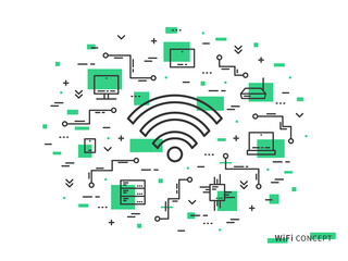 Fototapete - Wifi linear vector illustration. Creative flat concept wifi, servers, laptop, computer, tablet, phone. Graphic design online free wi-fi.