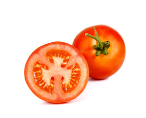 Tomatoes cut half,tomatoes full balls on white background.