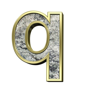 One lower case letter from granite with gold frame alphabet set isolated over white. Computer generated 3D photo rendering.