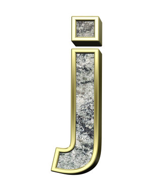 One lower case letter from granite with gold frame alphabet set isolated over white. Computer generated 3D photo rendering.
