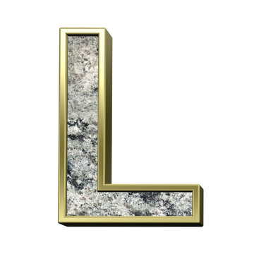 One letter from granite with gold frame alphabet set isolated over white. Computer generated 3D photo rendering.