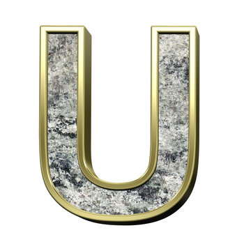 One letter from granite with gold frame alphabet set isolated over white. Computer generated 3D photo rendering.