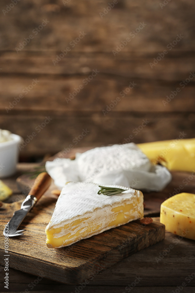 Set of dairy products on wooden table closeup