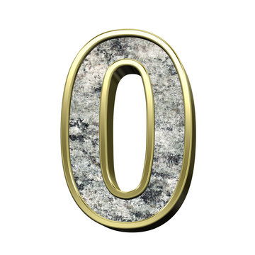 Number from granite with gold frame alphabet set isolated over white. Computer generated 3D photo rendering.