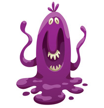 Vector Cartoon Image Of Funny Liquid Purple Monster With Two Eyes And A Mouth With Teeth, With Two Arms, Flowed On A White Background. Halloween. Vector Illustration.