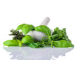 Green Herbs in Pestle and Mortar on White
