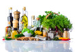 Cooking Oil,  Herbs and Spices on White Background