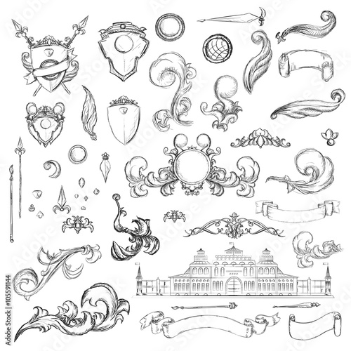 Fotografie, Obraz Vintage set decor elements for menu. Elegance old hand drawing s