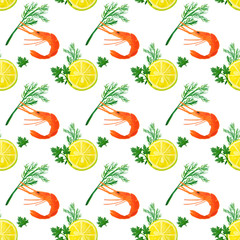  Seamless pattern with watercolor slices of lemon, shrimps, dill and parsley