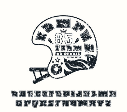 Square serif font with contour and rugby emblem