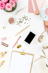 Still life of fashion woman, objects on white