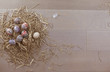 Easter eggs in nest on wooden background (space for text)