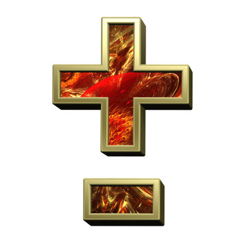 Hyphen, minus, plus marks from fire alphabet set isolated over white. Computer generated 3D photo rendering.