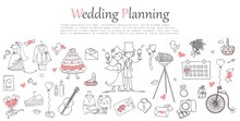 Doodle Line Design Of Web Banner Template With Outline Cartoon Wedding Icons. Wedding Planner Icons And Infographics.