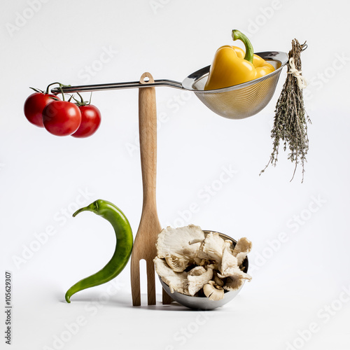 Fotografie, Obraz concept of sophisticated gastronomy with gourmet food ingredients playing with c