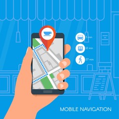 Poster - Mobile navigation concept vector illustration. Hand holding smartphone with gps city map on screen and route. Flat design.