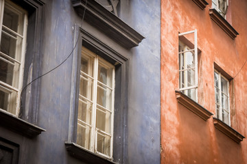 Blue and red old residential buildings