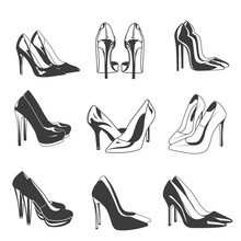 Vector Set Of Woman Shoes On Heels. Fashion Objects Illustration Isolated White Background. Woman Clothes