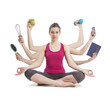 multitasking woman portrait in yoga position with many arms