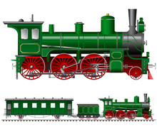 Green Steam Locomotive With Tender And Carriage