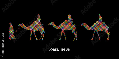 Fotografia, Obraz Cameleer with camels designed using colorful line pixels graphic vector