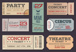 Theater, circus, party and cinema Tickets & Coupons. A collection of  vector Tickets