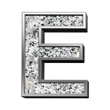 One letter from granite with silver frame alphabet set isolated over white. Computer generated 3D photo rendering.