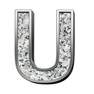 One letter from granite with silver frame alphabet set isolated over white. Computer generated 3D photo rendering.