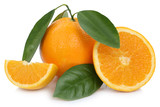 Fototapeta  - Orange Orangen Frucht mit Blätter Stücke Freisteller freigeste