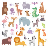Cartoon zoo animals big set wildlife mammal flat vector illustration.