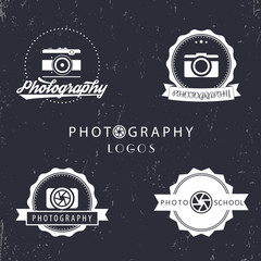 Wall Mural - photography logos, photo school, photographer logo, emblem, photography signs, white on dark, vector illustration