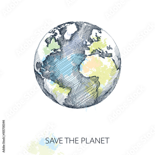 Cuadros en Lienzo Vector sketch of earth planet in black isolated on white background with pastel blots