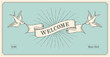 Invitation with word Welcome, old vintage ribbon banners in engraving style