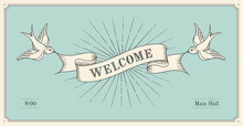 Invitation With Word Welcome, Old Vintage Ribbon Banners In Engraving Style