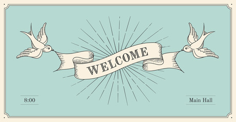 Wall Mural - invitation with word welcome, old vintage ribbon banners in engraving style