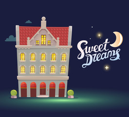  Vector illustration of night house with red roof on dark blue sk