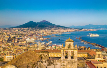 Fototapete - City of Naples with Mt. Vesuv at sunset, Campania, Italy