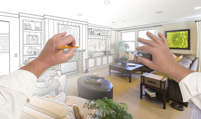 Hands Drawing Living Room Design Gradating Into Photograph