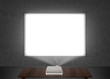© Alexandr Bognat - Blank projector screen mockup on the wall. Projection light in darkness. Projector display mock up. Presentation clear monitor on wall. Slide show front design. Slideshow billboard banner frame.