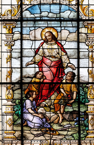 Fototapeta na wymiar Jesus friend of the children, stained glass window in the Basilica of the Sacred Heart of Jesus in Zagreb, Croatia