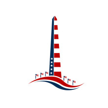Washington Monument Stars And Stripes.Concept Of Commemoration, DC Landmark, Patriotism. Vector Graphic Design