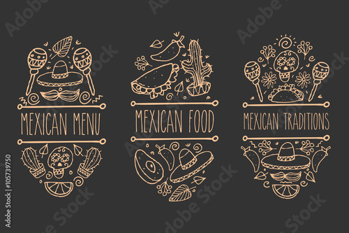 Fotografie, Obraz Mexican sketch doodle collection, vector hand drawn label elements