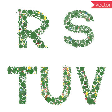 decorative letters R, S, T, U, V, made from colorful drops and blots