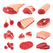 Set of cartoon food: meat cuts assortment - beef, pork, lamb, round steak, boneless rump, whole leg, rib roast, loin and rib chops, rustic belly, ground meat, meat cubes for stew. Isolated on white.
